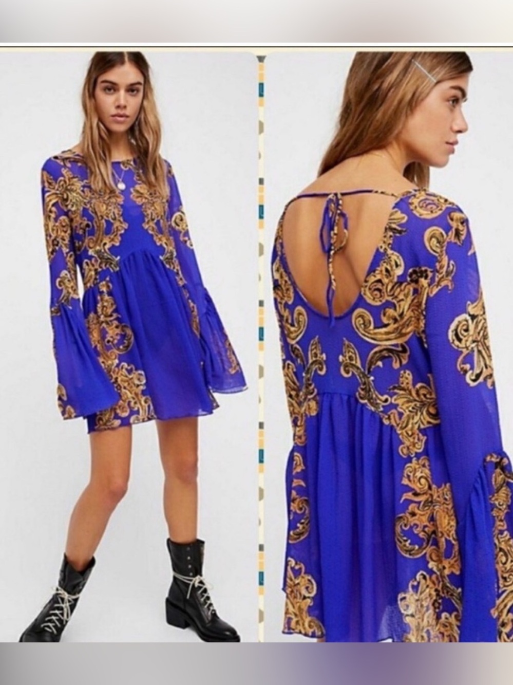 Free People Royal Blue and Gold Baroque Long-Sleeve Mini Dress
